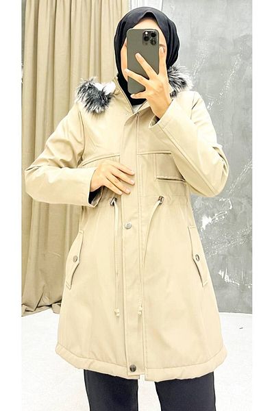 Vibeys Collection Cream Fur Lined and Waterproof Women's Winter Coat & Coat