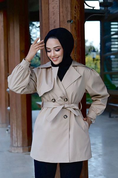 Vibeys Collection Double Breasted Collar Waterproof Women's Trench Coat with Tie Waist