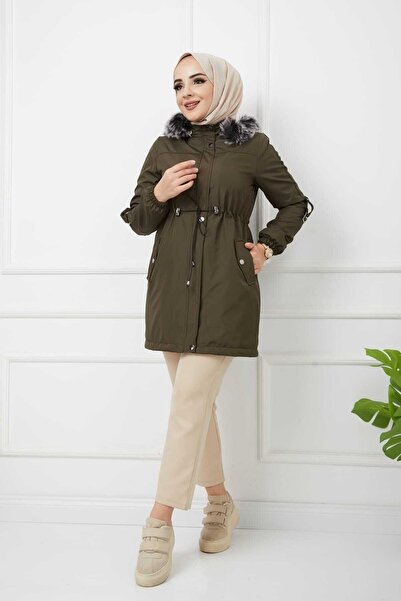 Vibeys Collection Χακί Γούνινο Εσωτερικό και Αδιάβροχο Γυναικείο Χειμερινό Παλτό