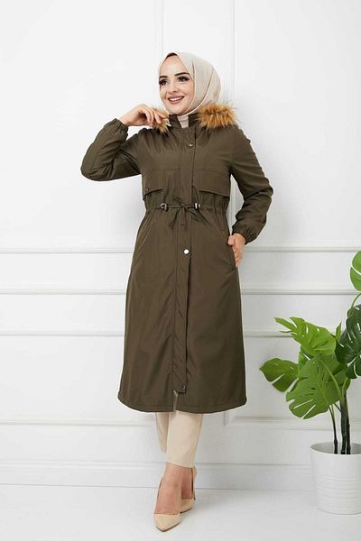 Marjinal City Khaki Fur Lined and Waterproof Large Size Oversize Women's Winter Coat & Coat