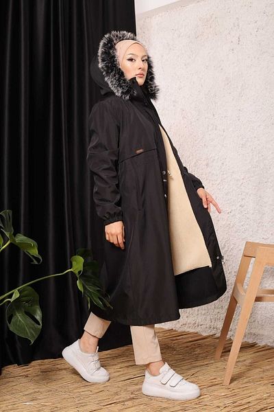 Marjinal City Black Fur Lined and Waterproof Large Size Oversize Women's Winter Coat & Coat