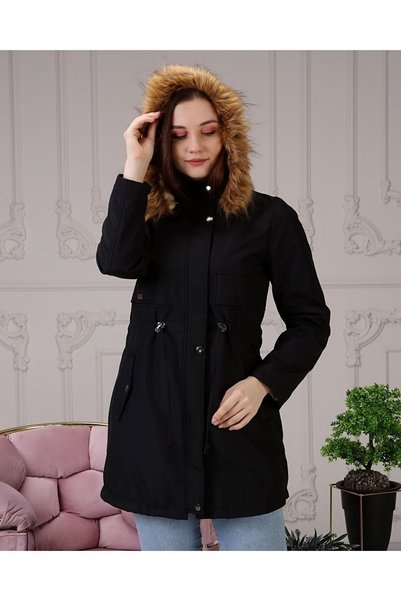 Vibeys Collection Siyah İçi Kürklü Ve Su Geçirmez Bayan Kışlık Mont & Kaban
