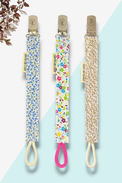 JMB Just My Baby Beige, Blue and Colorful Floral Patterned Pacifier Strap - Set of 3 - Cotton