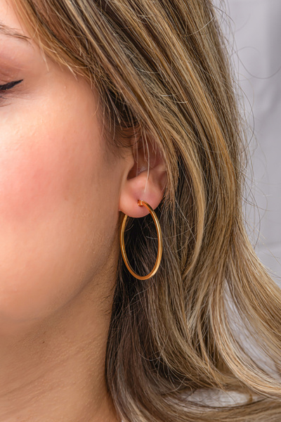 Nereze 925 Ayar Gümüş Gold Kaplama 30 mm Sade Halka Küpe