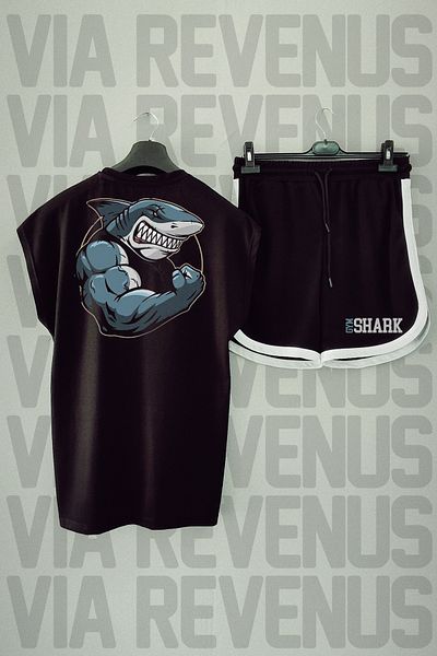 Vordevia Gym Shark Patterned Black T-shirt and Shorts - Zero Sleeve Sports Set