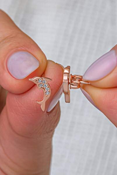 Nereze 925 Ayar Gümüş Rose Kaplama Minimal Yunus Balığı Küpe