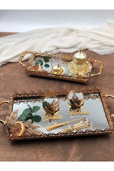 Masalsı Concept Okaliptus Süslü Söz Nişan Tepsisi Damat Tepsisi Yüzük Tepsisi Takımı Makas Damat Fincanı