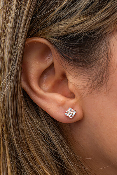 Nereze 925 Ayar Gümüş Rose Kaplama Minimal Kare Model Küpe