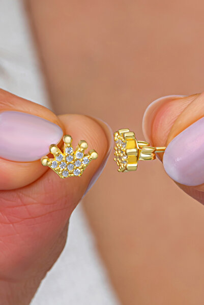 Nereze 925 Ayar Gümüş Gold Kaplama Minimal Kral Tacı Küpe