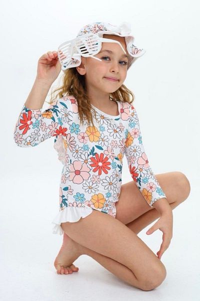PODİUM GİYİM TREND LONG SLEEVE BABY GIRL-KIDS SWIMSUIT WITH HAT, Ruffle Back, ROPE STRAP, FLOWER PATTERNED, UV PROTECTION