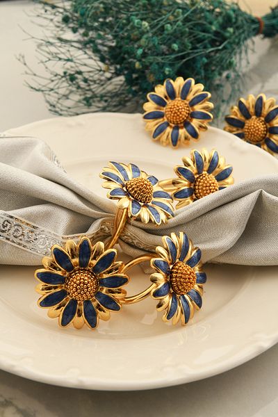 TR Turan Collection PAPATYA Δαχτυλίδι Πετσέτας Πολυτελείας 6 τεμαχίων - Χρυσό Χρώμα, Μπλε Λουλούδι Μοντέλο