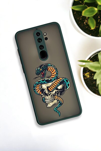 mooodcase Xiaomi Redmi Note 8 Pro Uyumlu Skull & Snake Desenli Buzlu Şeffaf Lüx Telefon Kılıfı