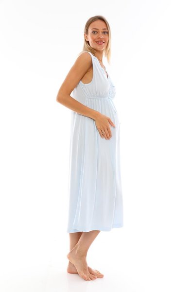 Lohussa Women's Blue Wide-Strap Relaxed Fit Patterned Maternity Postpartum Robe Nightgown Set