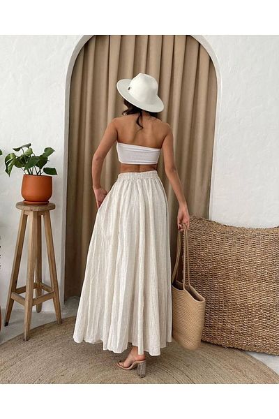 mdb Long Seersucker Pocket Skirt with Elastic Waist