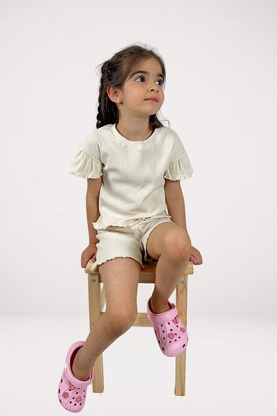 EMYTOF Girl's Ecru Summer Set - 100% Cotton, Frilly Bottom and Top Set, 3-8 Years