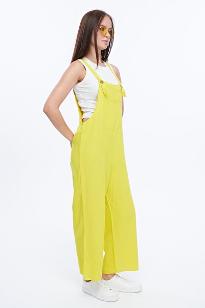 Primaro Önden Cepli Düğmeli Askılı Sarı Tulum