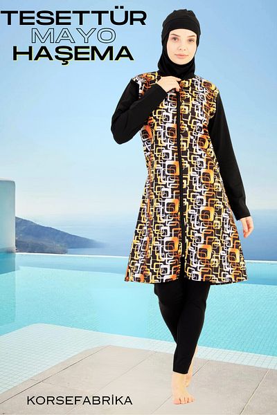 korsefabrika trend mood store Large Size Patterned Tights Closed Hijab Swimsuit Set