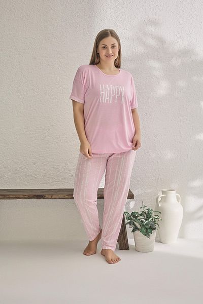 Estiva Women's Happy Lettered Short Sleeve Large Size Summer Viscose Pajamas Set - Pink