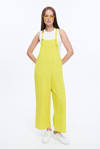 Primaro Önden Cepli Düğmeli Askılı Sarı Tulum