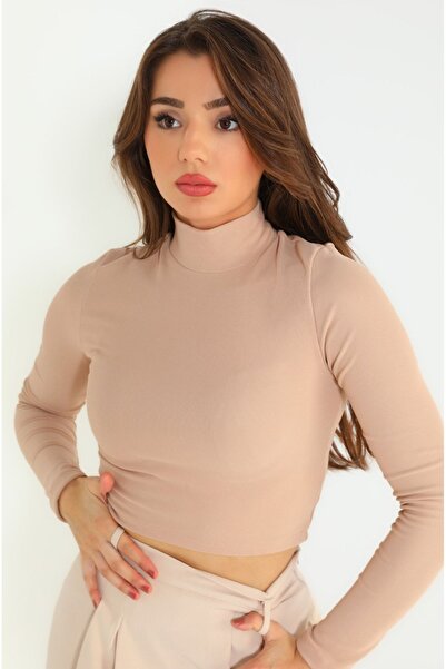 NetsaTekstil بلوزة قصيرة بأكمام طويلة باللون البيج - شتوية، نصف رقبة مدورة