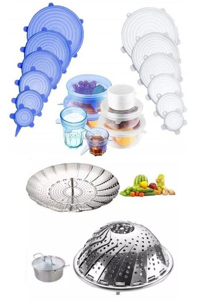 Vi Caro 6-Piece Silicone Stretch Lids Steaming Vegetable Boiling Basket Set of 2 to Protect Freshness