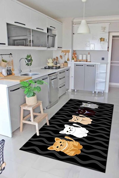 ALAADDİN CARPET Kedi Dijital Baskı Yıkanabilir Kaymaz Taban Leke Tutmaz Mutfa...