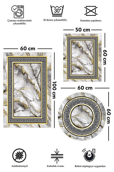 ALAADDİN CARPET Baza anti-alunecare rezistenta la pete Lavabila 3 piese (60x100) 2 (50x60) Covor de baie Covor de baie Set scaun de toaleta