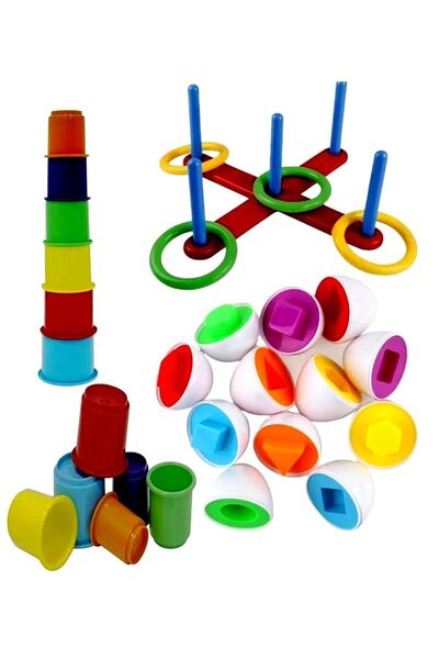 SAZE 6 LI YUMURTA EŞLEŞTİRME ALTILI KULE DİZME OYUNU HALKA ATMA GELİŞİM SETİ 3 LÜ SET OYUN SETİ