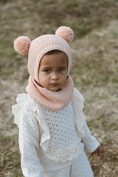 DERY BABY Pompom Bonnet Beret and Neck Collar Set-Powder