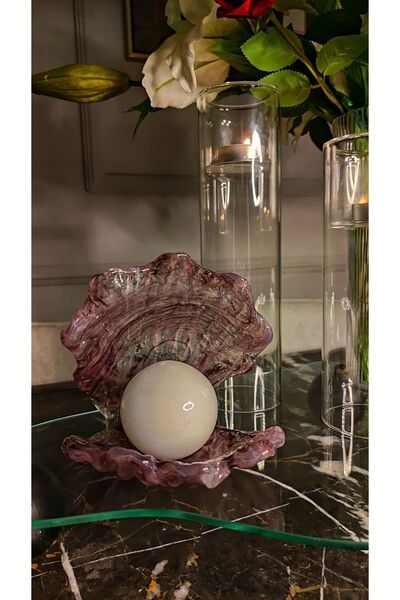 Tavcam İstiridye Aksesuar Mor Renk ve Beyaz İncili El Yapımı Dekoratif Cam Obje