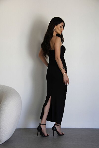 Julishop Julidress Siyah Straplez Yaka Midi Boy Nikah Nişan Davet Gece Elbisesi