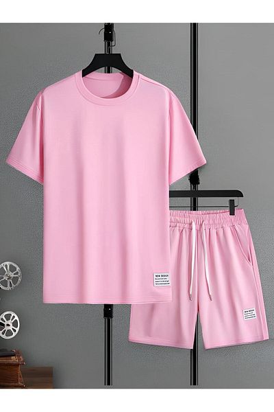 trendgar Set oversize cu imprimeu roz pentru femei, cu pantaloni scurți de sus