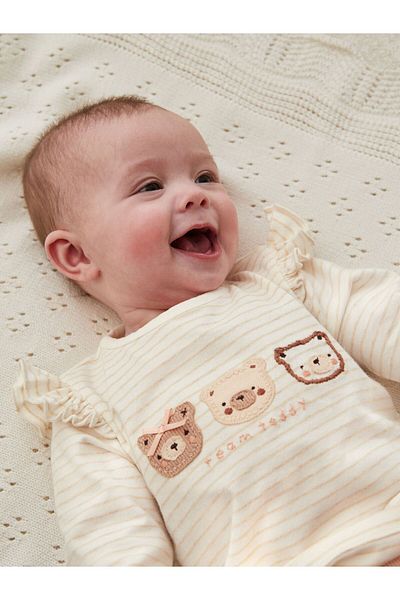 Next Baby Cream Colored Bear Patterned Long Sleeve Cotton Suit Set