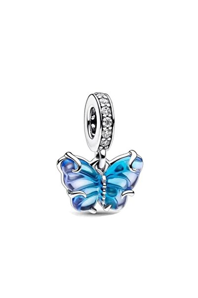 Lux Design 925 Ayar Gümüş Mavi Murano Cam Kelebek Charm