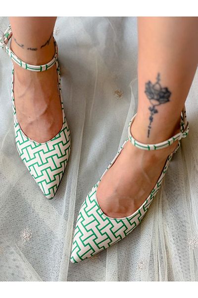 irmona Satin alb verde - Sandale clasice cu toc mic, cu vârf ascuțit, Dubai