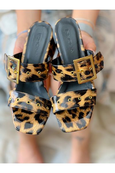 irmona Leopard Patent Leather Zimbali Heeled Slippers - TWEE