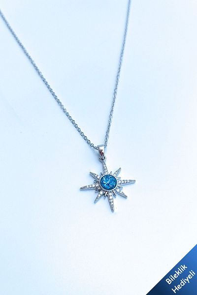 The Collection Polar Star Model Zircon Stone Planet Detailed Women's Silver Steel Necklace