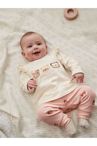 Next Baby Cream Colored Bear Patterned Long Sleeve Cotton Suit Set