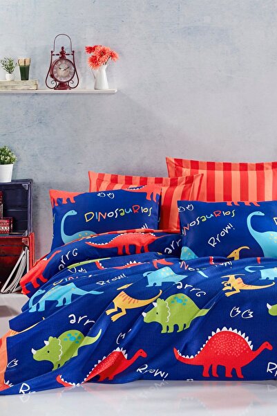 Enlora Home Desenli Pike Takımı Çift Kişilik Dinazorus Mavi (Pike+Çarşaf+Yast...