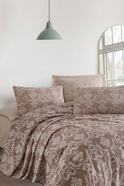 Enlora Home Desenli Pike Takımı Tek Kişilik Pure Kahve (Pike+Çarşaf+Yastık Kı...