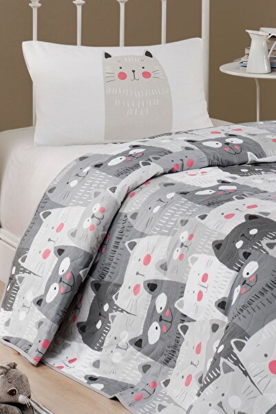 Enlora Home Kapitone Yatak Örtüsü Seti Tek Kişilik DuvardaKediler Gri