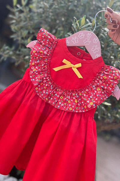 Bertuğ Bebek Red Baby Girl Floral Print Poplin Dress with Ruffle and Ribbon Detail