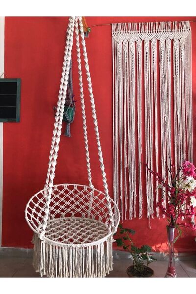 AslanButik Makrome Özel Örgü Burgu Halatlı Salıncak Hamak