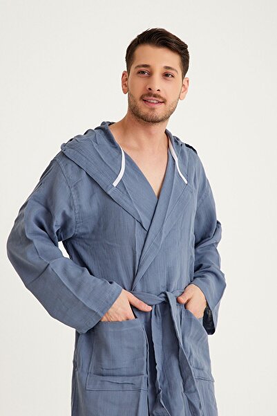 Miespiga Anthracite Long Men's Muslin Bathrobe - Hooded Cotton Beach Clothing