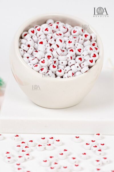 LANDOFACCESSORY 4x7 mm Plastic Flat - Red and White Heart Beaded Jewelry Acce...