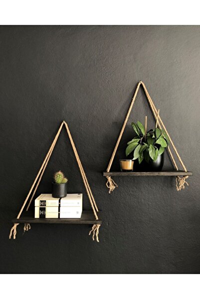 O&A WOOD رف خشبي طبيعي بحبلين، رف حائط مزخرف، أسود