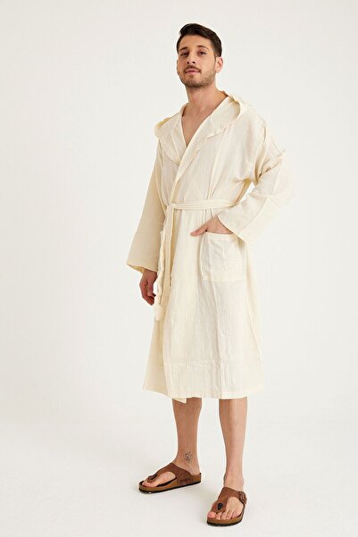 Miespiga Men's Muslin Bathrobe - Cotton Hooded Long Beach Clothing, Beige