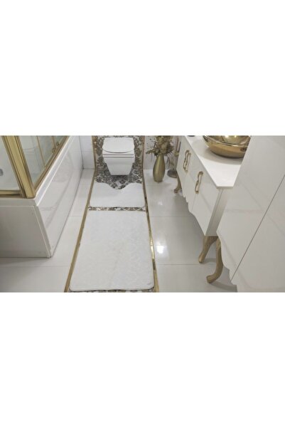 BotigaHome Gofraj Beyaz Banyo Halısı Klozet Takımı 3'lü Set