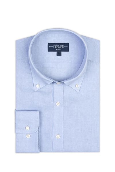 Germirli Pure Linen Shirt - Blue, Tailor Fit, Buttoned Collar