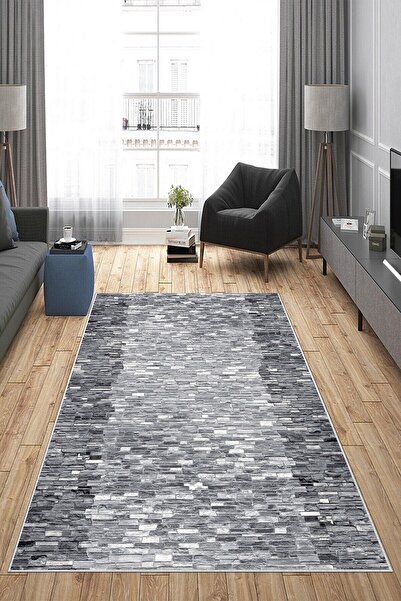 MENTEŞ HOME Gri Taş Desenli Yıkanabilir Kaymaz Taban Leke Tutmaz Modern Salon...
